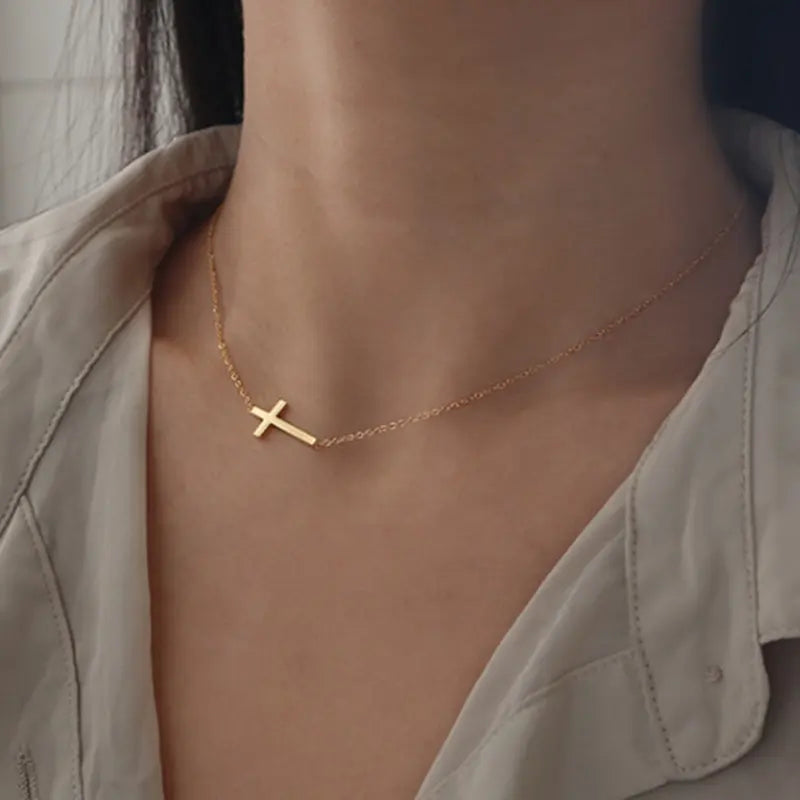 Small Sideways Cross Pendant 18K Gold Plated Necklace