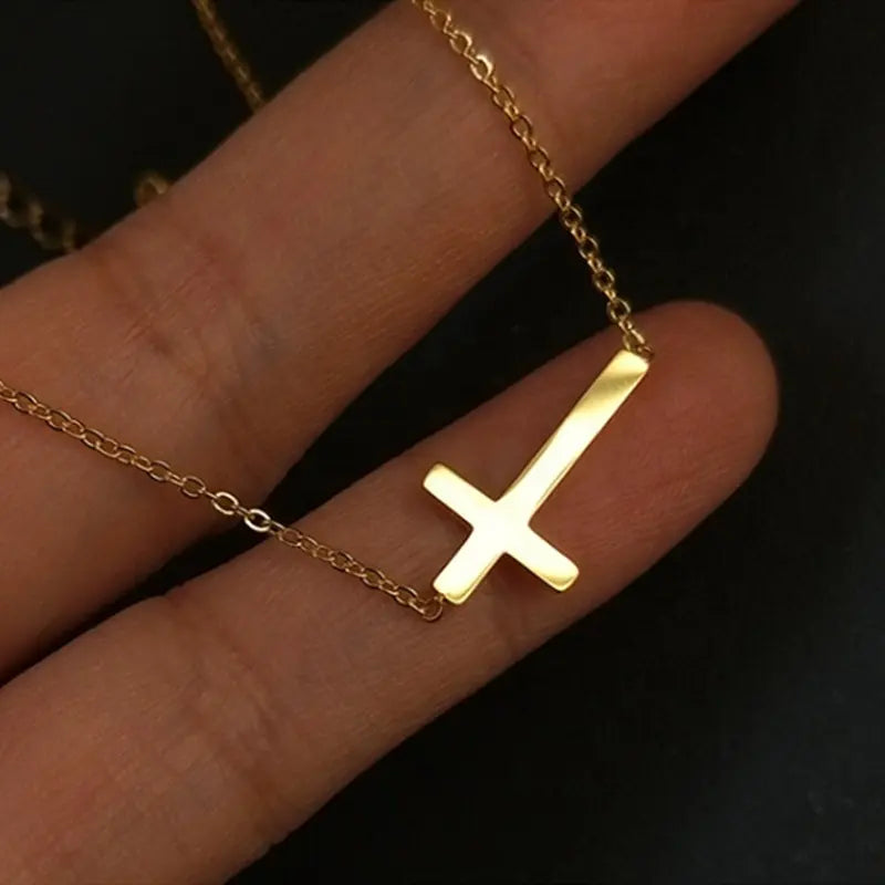 Small Sideways Cross Pendant 18K Gold Plated Necklace