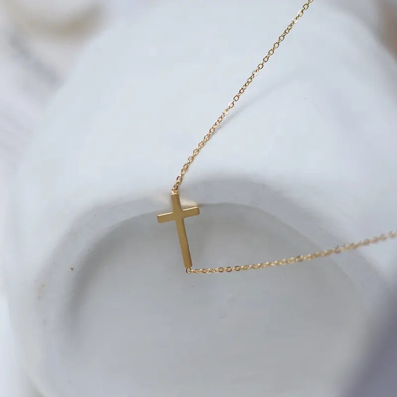 Small Sideways Cross Pendant 18K Gold Plated Necklace