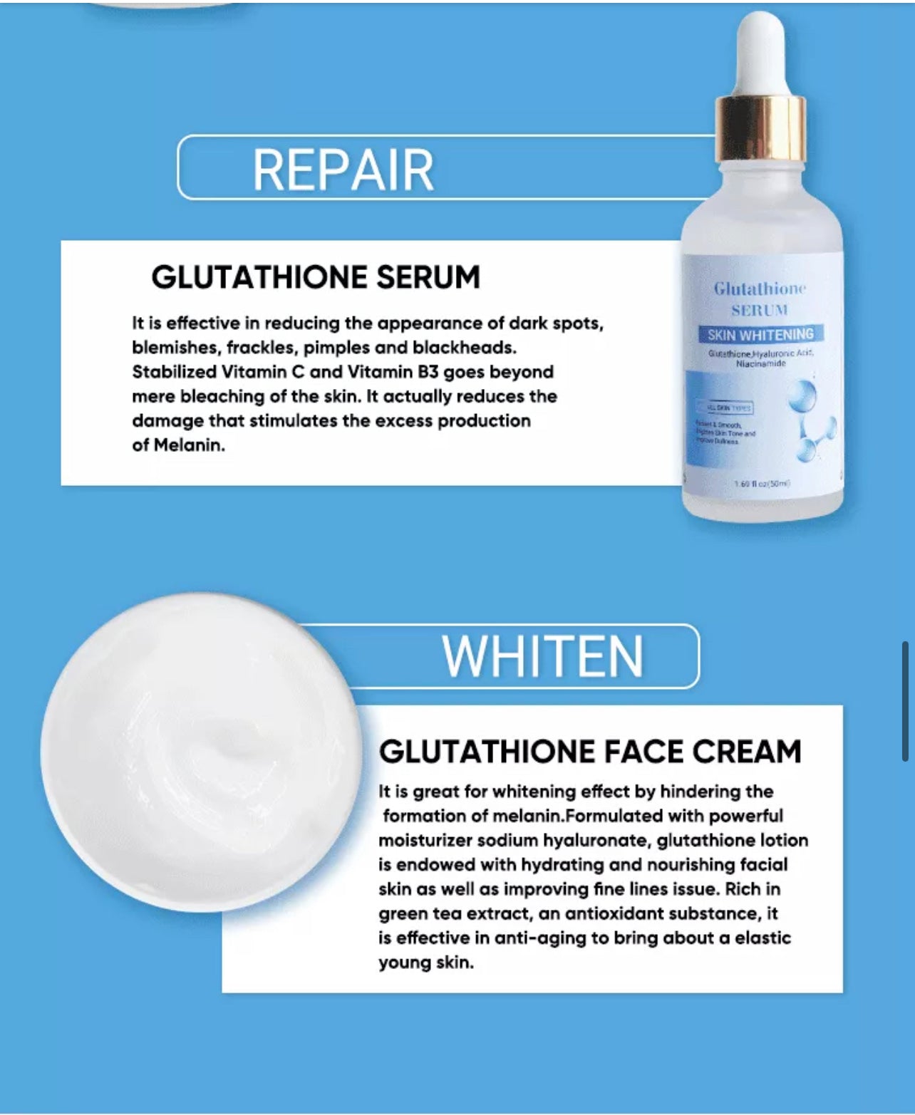 Glutathione Whitening bleaching cream set 5 piece set Fast