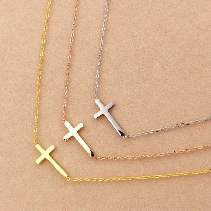 Small Sideways Cross Pendant 18K Gold Plated Necklace